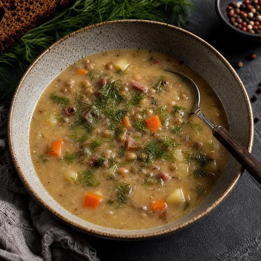 Latvian Grey Pea Soup with Dill, finished dish