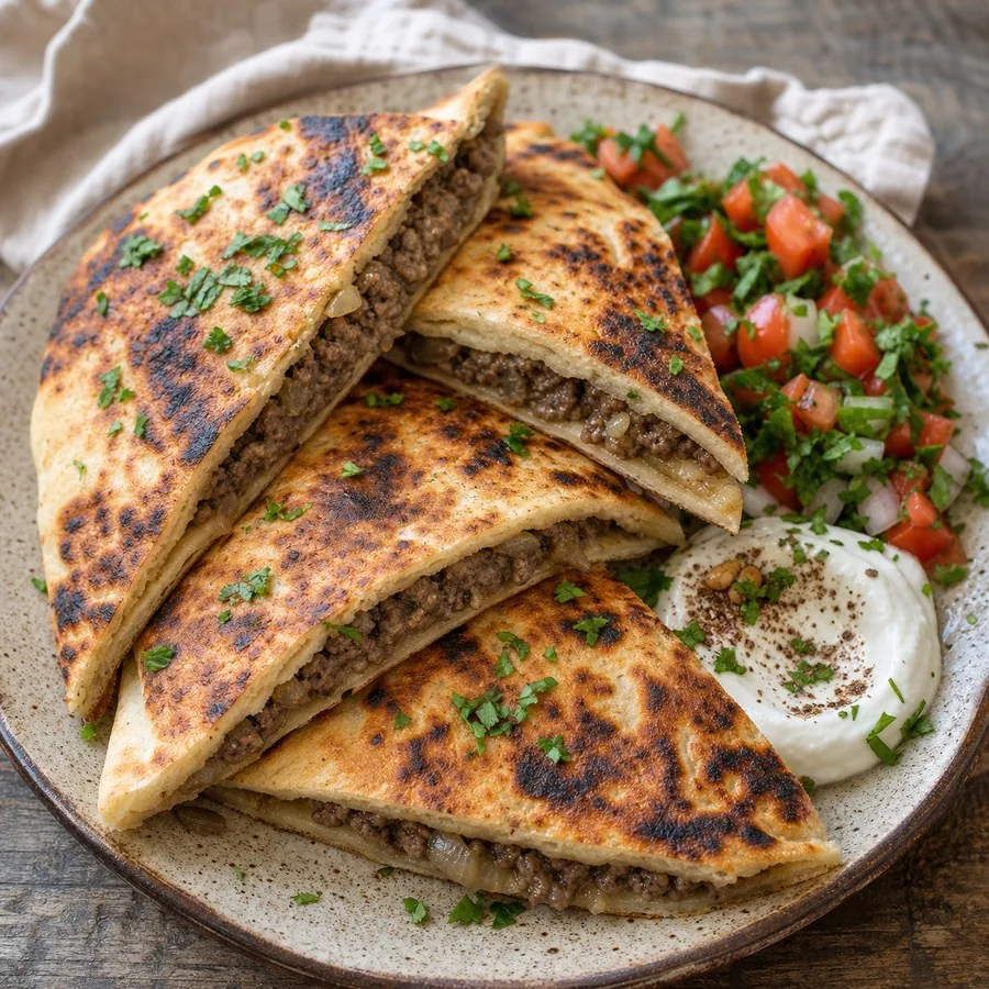 Lebanese Arayes Beef Pita, finished dish