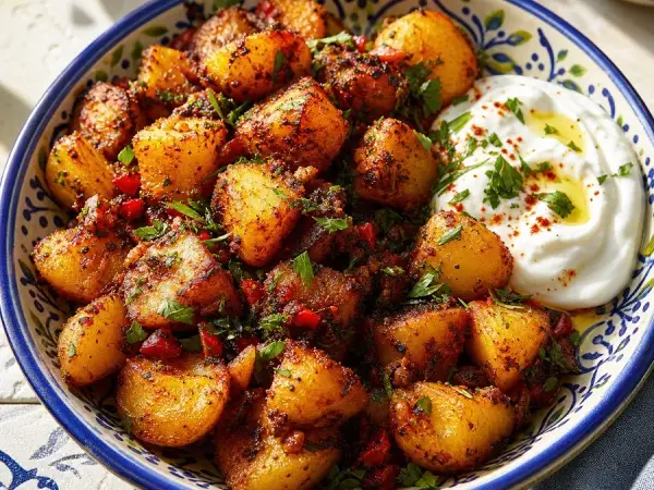 Lebanese Batata Harra Spicy Potatoes with Yogurt, finished dish