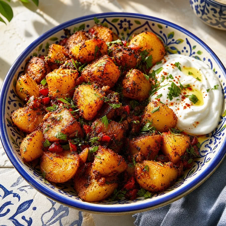 Lebanese Batata Harra Spicy Potatoes with Yogurt, finished dish