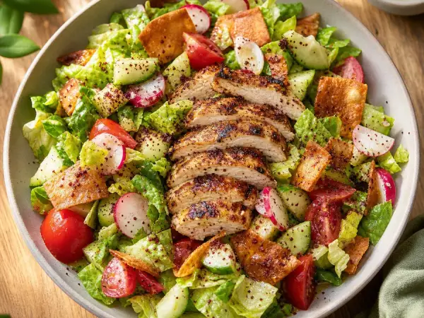 Lebanese Fattoush Chicken Salad with pita chips and sumac