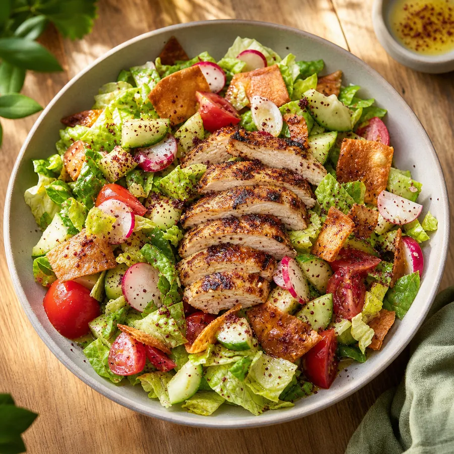 Lebanese Fattoush Chicken Salad with pita chips and sumac