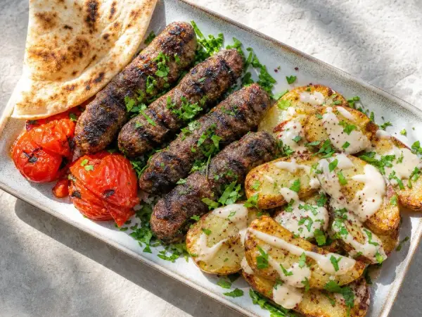 Lebanese Kafta with tahini potatoes, tomato, and pita