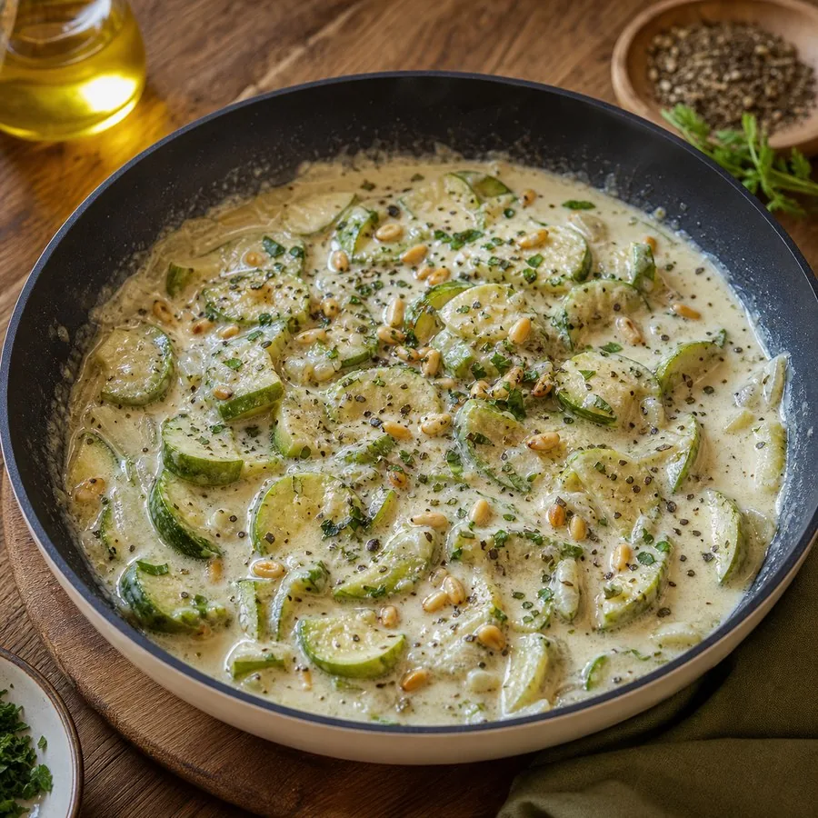 Lebanese Kousa Bil Laban Zucchini Yogurt Skillet, finished dish