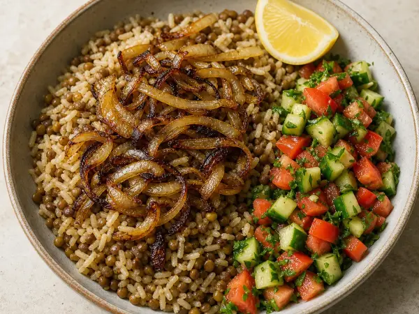 Lebanese Mujadara with Cucumber Tomato Salad, finished dish