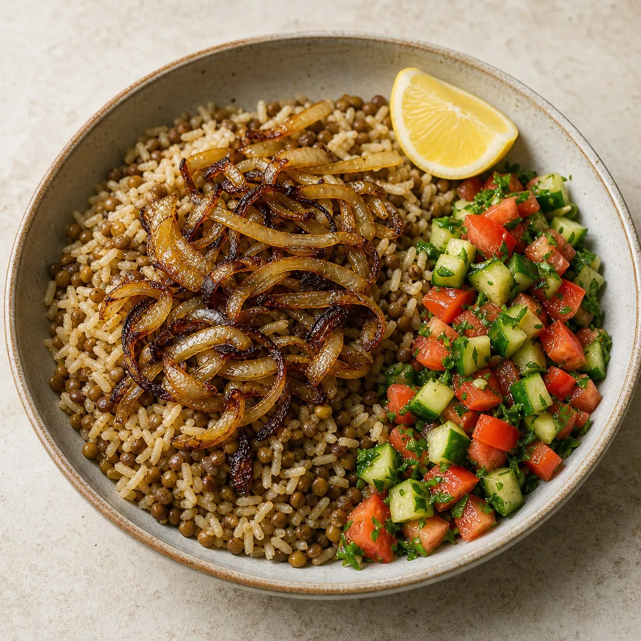 Lebanese Mujadara with Cucumber Tomato Salad, finished dish
