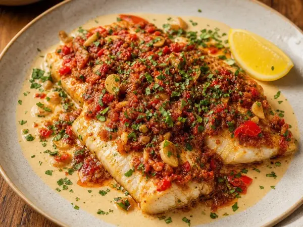 Lebanese Samke Harra-Inspired Tahini Fish, finished dish