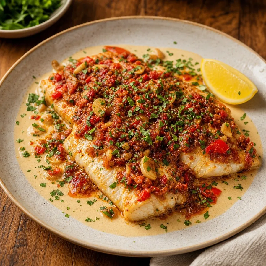 Lebanese Samke Harra-Inspired Tahini Fish, finished dish
