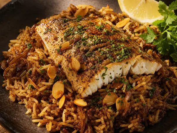 Lebanese Sayadieh Fish Rice with almonds and lemon