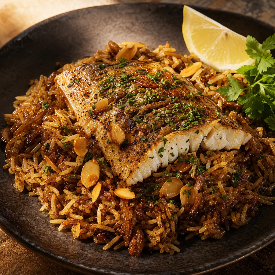 Lebanese Sayadieh Fish Rice with almonds and lemon