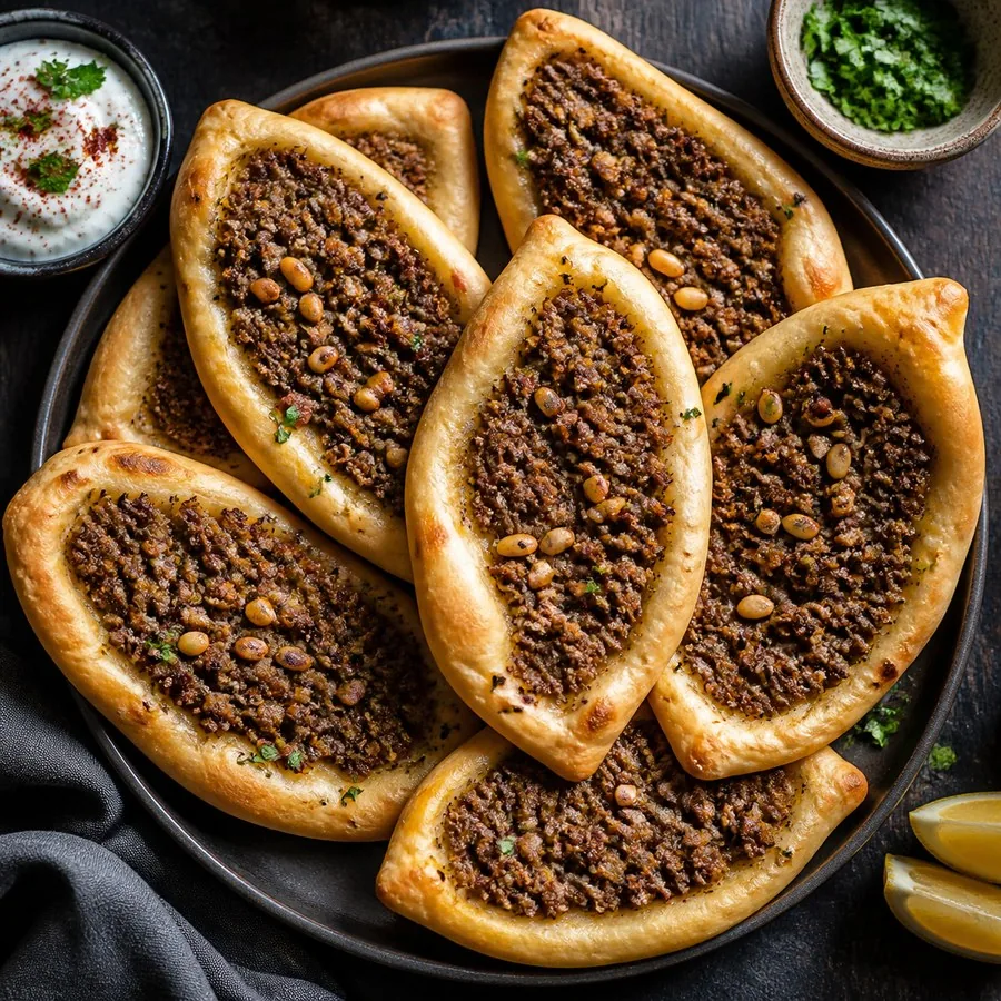 Lebanese Sfeeha Lamb Pizzettes, finished dish