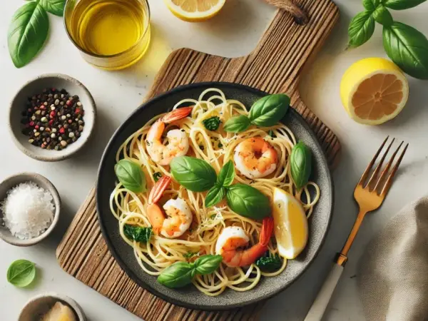 Lemon Basil Coconut Shrimp Pasta, finished dish
