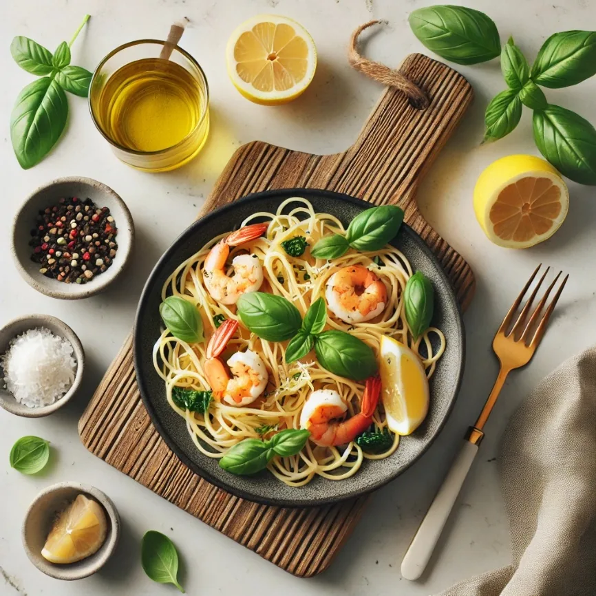 Lemon Basil Coconut Shrimp Pasta, finished dish