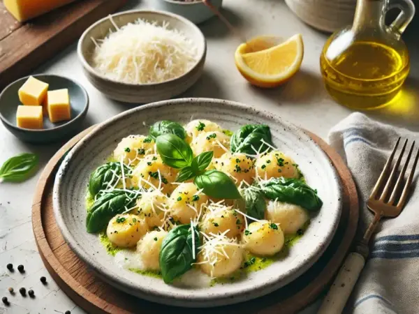 Lemon Basil Ricotta Gnocchi with Garlic Butter Sauce, finished dish