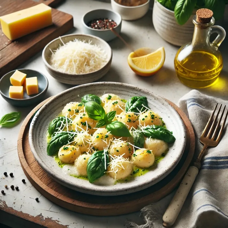 Lemon Basil Ricotta Gnocchi with Garlic Butter Sauce, finished dish
