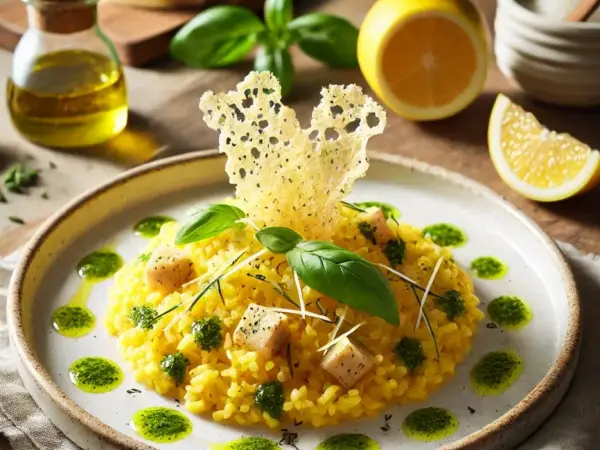 Lemon Saffron Risotto with Crispy Parmesan Frico and Herb Oil Drizzle, finished dish