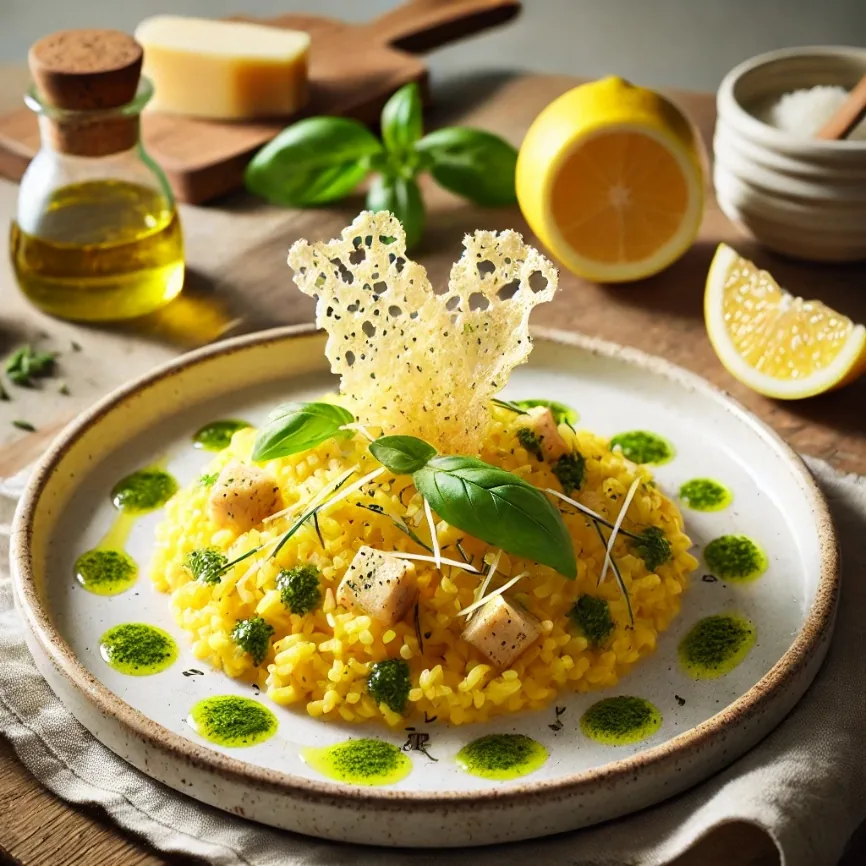 Lemon Saffron Risotto with Crispy Parmesan Frico and Herb Oil Drizzle, finished dish