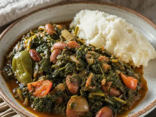 Lesotho Moroho Spinach Bean Stew, plated as a finished dinner