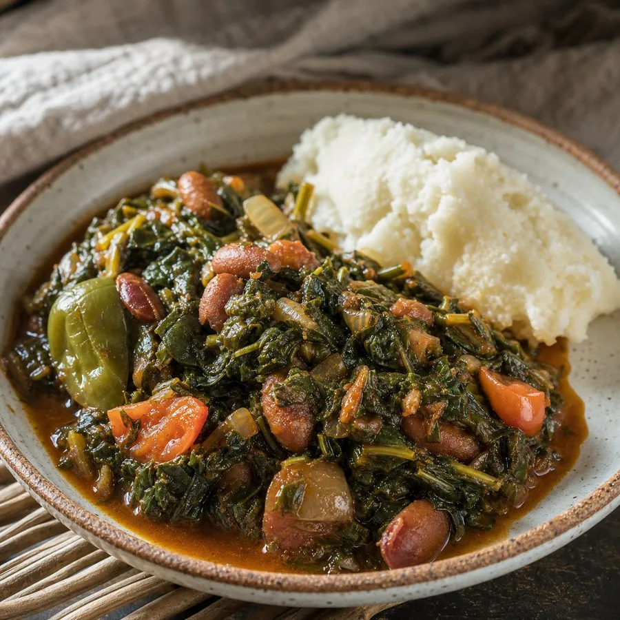 Lesotho Moroho Spinach Bean Stew, plated as a finished dinner