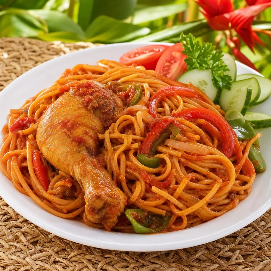 Liberian Jollof Spaghetti with Chicken, plated as a finished dinner