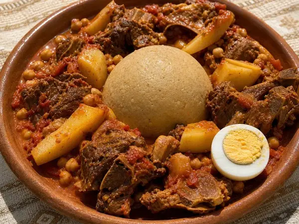 Libyan Bazin-inspired lamb and tomato stew around a barley dome