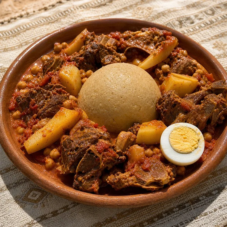 Libyan Bazin-inspired lamb and tomato stew around a barley dome