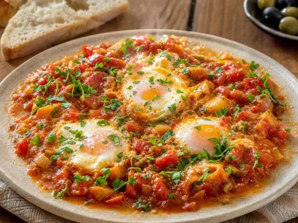 Libyan Bazin-Inspired Tomato Egg Skillet, plated as a finished dinner
