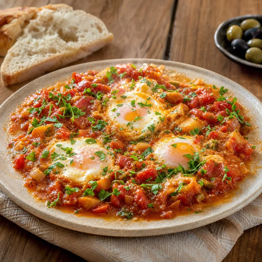 Libyan Bazin-Inspired Tomato Egg Skillet, plated as a finished dinner
