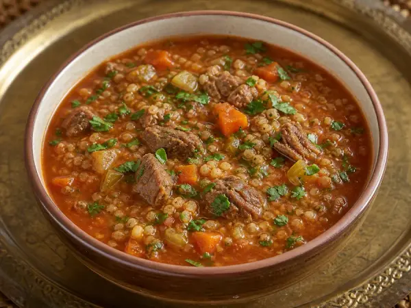 Libyan Shorba Frik Beef Soup with cracked wheat and cilantro