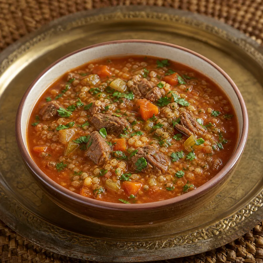 Libyan Shorba Frik Beef Soup with cracked wheat and cilantro