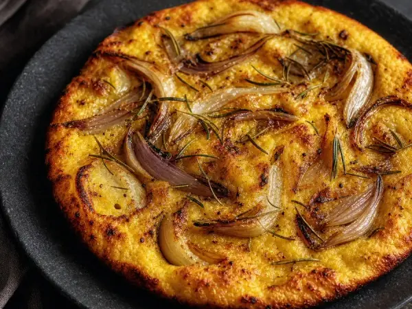 Ligurian Farinata with Rosemary Onions, finished dish