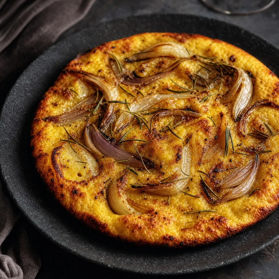 Ligurian Farinata with Rosemary Onions, finished dish