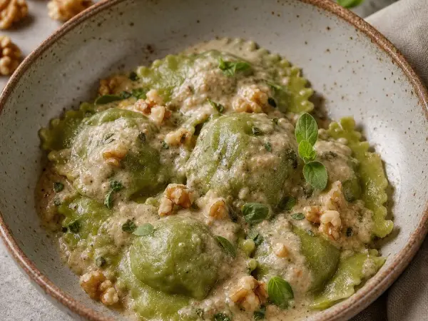 Ligurian Pansotti with Walnut Herb Sauce, plated and ready to serve