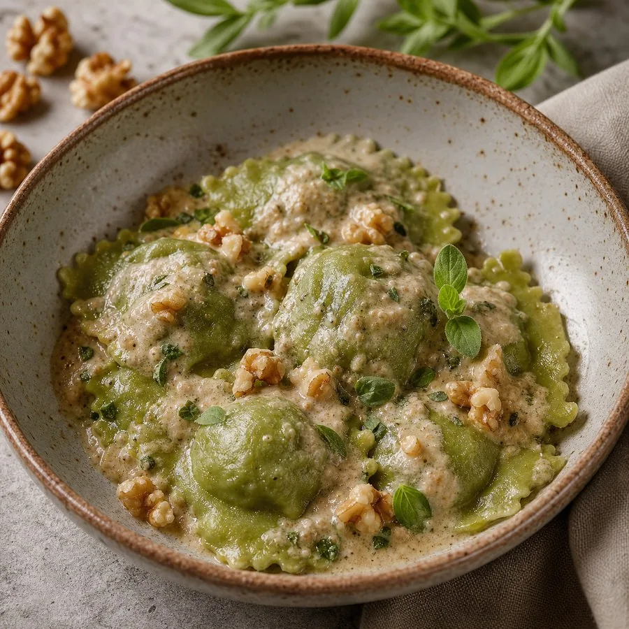 Ligurian Pansotti with Walnut Herb Sauce, plated and ready to serve