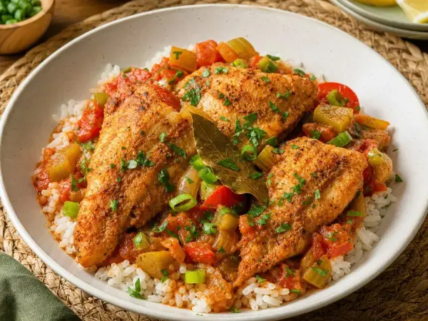 Louisiana Catfish Courtbouillon with Rice, finished dish
