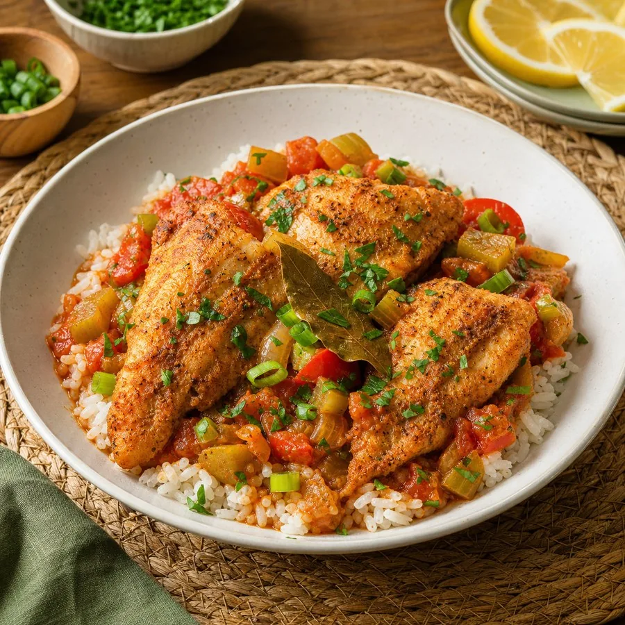 Louisiana Catfish Courtbouillon with Rice, finished dish