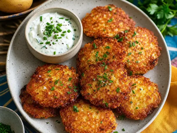 Luxembourgish Gromperekichelcher with Herb Yogurt, finished dish