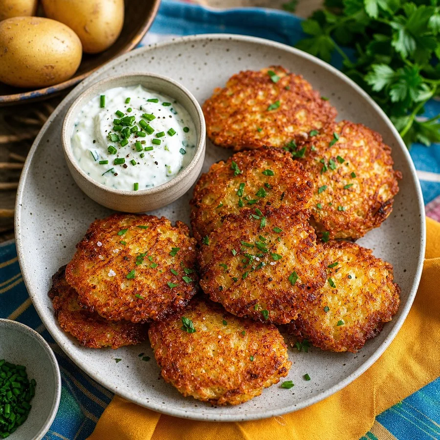 Luxembourgish Gromperekichelcher with Herb Yogurt, finished dish