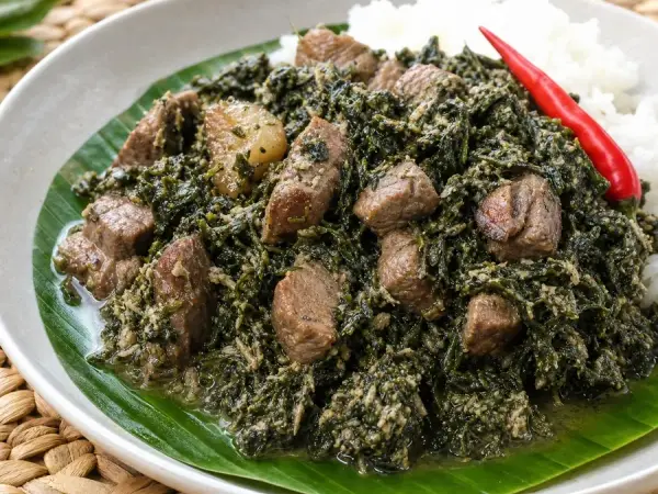 Madagascar Ravitoto Pork with Coconut, plated as a finished dinner