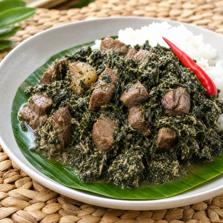Madagascar Ravitoto Pork with Coconut, plated as a finished dinner