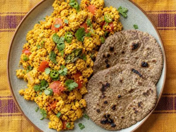 Maharashtrian Zunka Chickpea Scramble with Millet Flatbread, finished dish