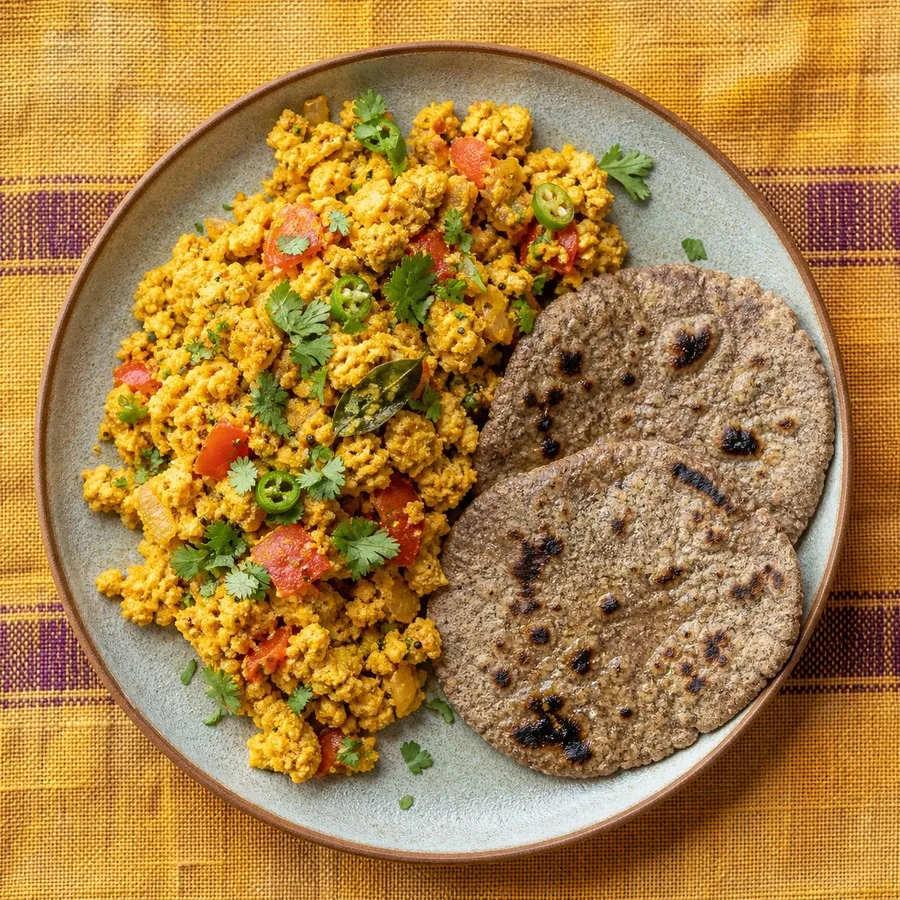 Maharashtrian Zunka Chickpea Scramble with Millet Flatbread, finished dish