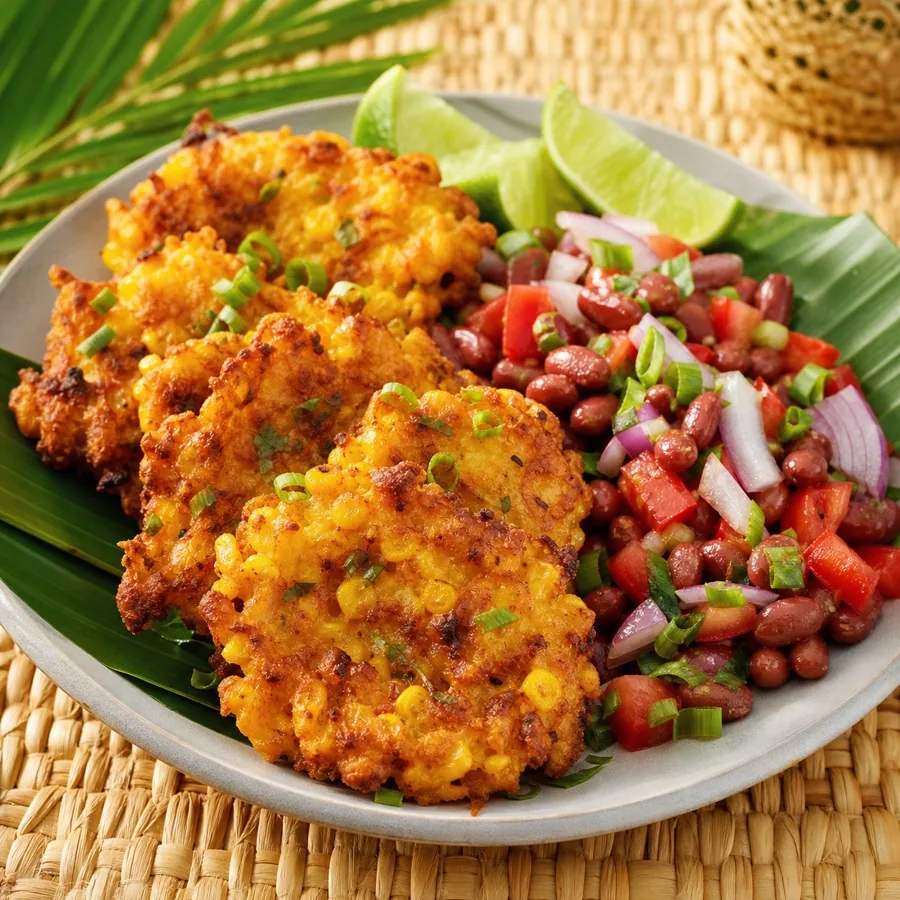 Malagasy Mofo Gasy Corn Fritters with Bean Salad, plated as a finished dinner