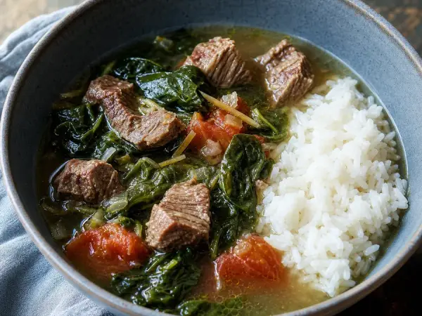 Malagasy Romazava Beef with greens and rice