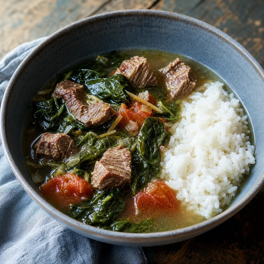 Malagasy Romazava Beef with greens and rice