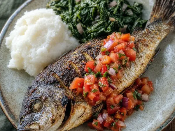 Malawian Chambo Fish with Tomato Relish, plated as a finished dinner
