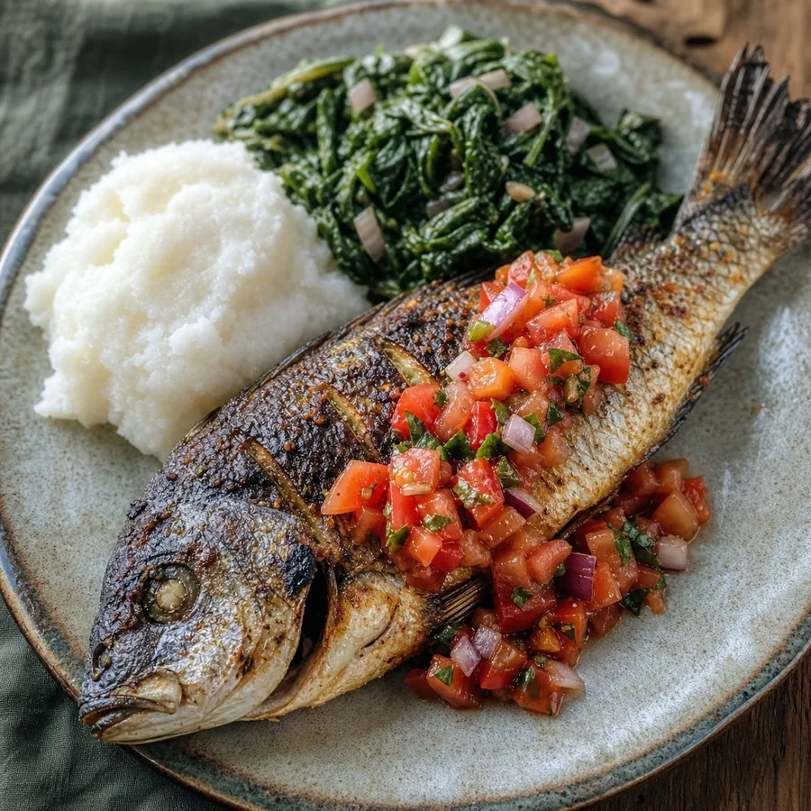 Malawian Chambo Fish with Tomato Relish, plated as a finished dinner