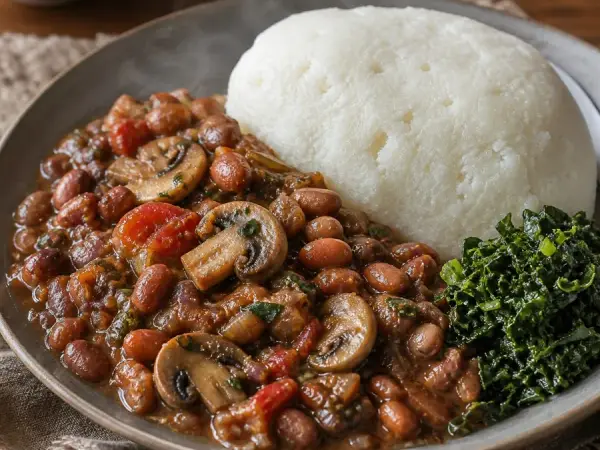Malawian Nsima Mushroom Bean Relish, plated as a finished dinner