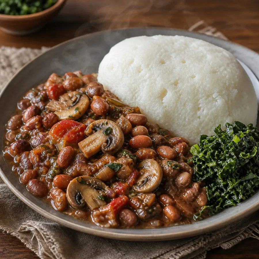Malawian Nsima Mushroom Bean Relish, plated as a finished dinner