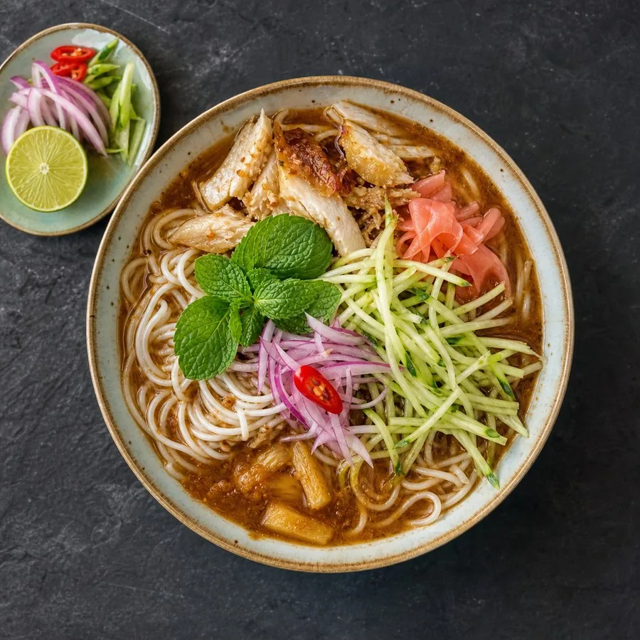 Malaysian Assam Laksa Fish Noodles, original finished dish food photograph